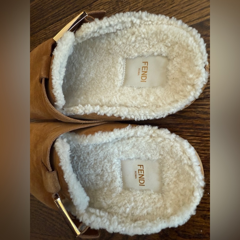 Fendi Brown Suede Shearling Lined Mules - Picture 12 of 15
